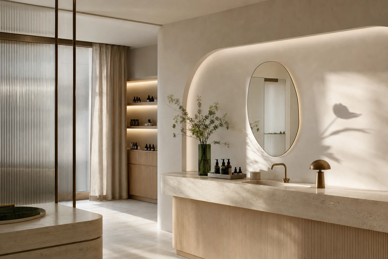Doğal ışık alan taş ve ahşap detaylı modern güzellik salonu